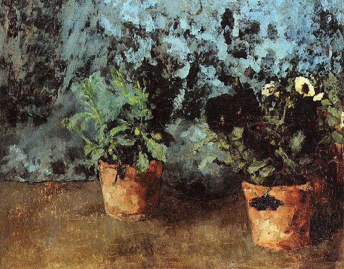 Carl Schuch Zwei Blumentopfe mit Stiefmutterchen oil painting image